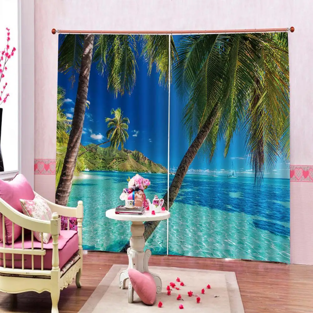 Home Decro 3d Curtains Seaside Scenery Printed Blackout Window Curtains For Living room Bedroom Curtains Custom any size