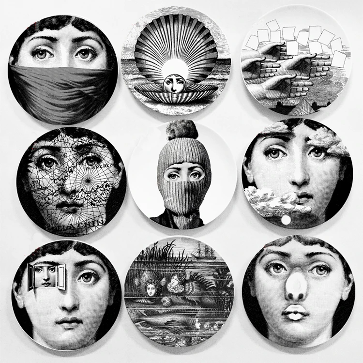 

Italy Fornasetti Plates Color Black white Illustration Hanging Dishes Sample Room/home/hotel Decoration 8 inch