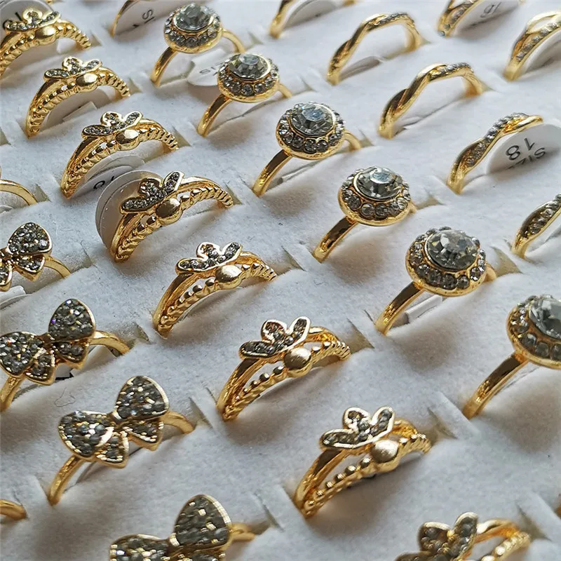 Crystal Rings 10Pcs Fashion Mixed Shiny Golden Color For Women Girls