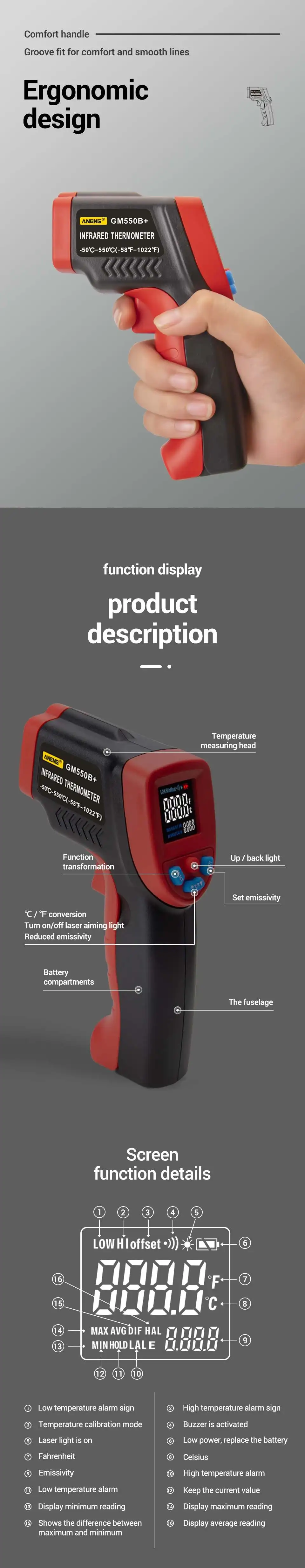 Термометр GM550B+/GM320B+ Инфракрасный цифровой термометр 320 550 VA цветной ЖК-экран цифровой инфракрасный термометр Автоматическое отключение питания