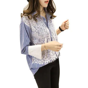 

Striped Three Quarter Sleeve Korean Lace Trim Patchwork Turn Down Collar Women Tops Casual Loose Shirt Blouses Female Streetwear