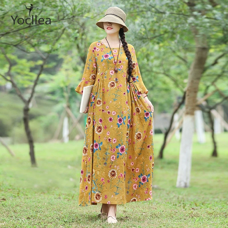

2019 Autumn Floral Print women dress summer Plus size Flare sleeve cotton linen Boho holiday style Long dresses Robe vestidos