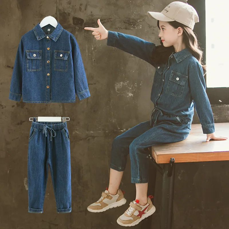 

2019 Autumn New Style CHILDREN'S Suit Korean-style Girls Solid Color Denim Suit Big Boy Simple Tops Pants Two-Piece Set