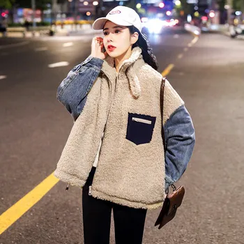 

Lamb Velvet Stitching Denim Cotton Jacket Women 2019 New Loose Autumn Winter Short Coat Thickening Warm Female Outerwear JIA487