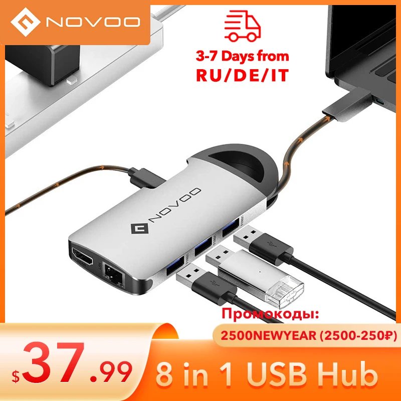 Промокоды: 2500NEWYEAR (2500₽-250₽) NOVOO 8-портовый USB-концентратор C 4K HDMI 100 Вт с питанием 1000