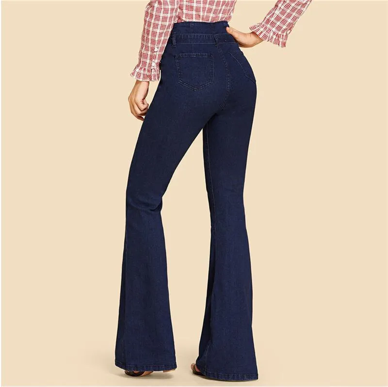 Navy Tie Waist Flare Jeans Woman Denim Trousers Vintage Women Clothes Fall High Waist Pants Belted Stretchy Jeans