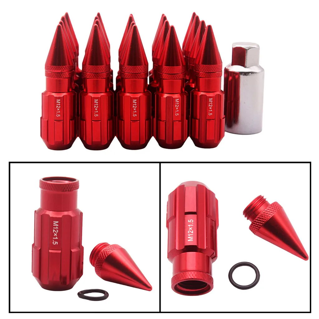 20x Red Racing Extended Wheel Lug Nuts W/Spikes M12x1.5 With Key Universal