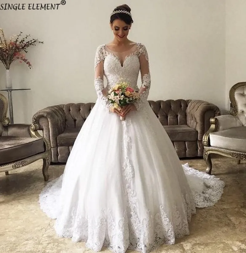 

SINGLE ELEMENT Romantic Appliques Lace Long Sleeve Wedding Dresses Court Train
