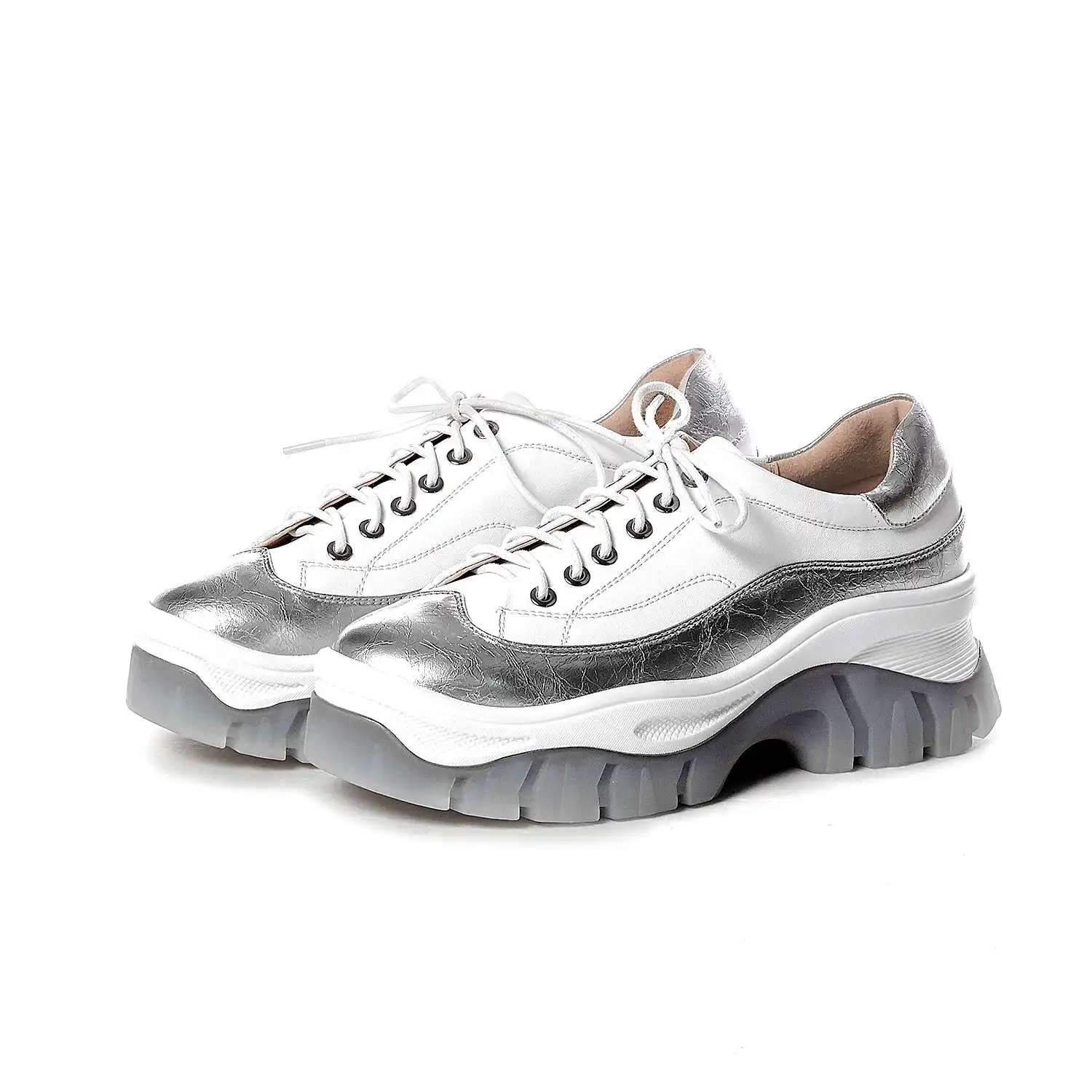 Krazing pot genuine leather platform thick bottom lace up round toe mixed color non-slip casual Autumn vulcanized shoes L10