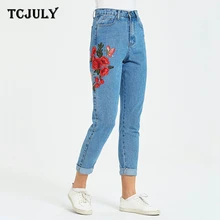 TCJULY, дизайн, хлопок, прямые джинсы для женщин в стиле бойфренд, вышивка, потертые, повседневные джинсы, уличная одежда, тонкие синие джинсы