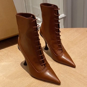 

High Feels 10.5cm Ankle Boots Autumn Spring Leather Brand Women Shoes Fashion Point Toe Female Boots