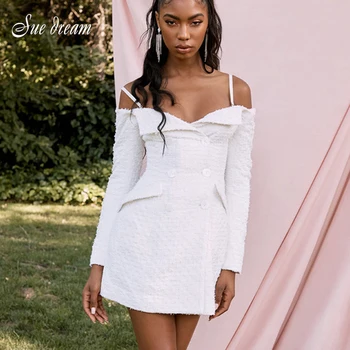 

2019 New Autumn Women'S White Button V-Neck Spaghetti Long-Sleeved Mini Dress Sexy Bodycon Elegant Club Party Dress Vestidos