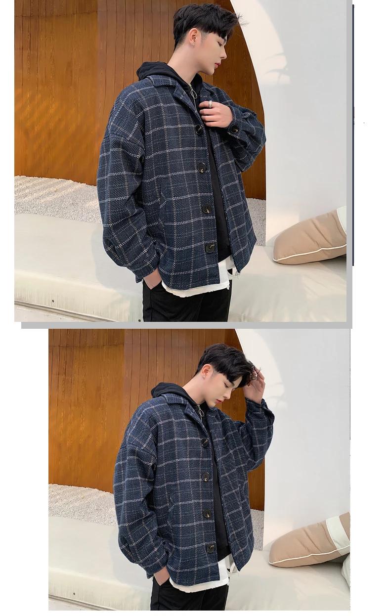 Autumn Woolen Jacket Men's Fashion Retro Casual Woolen Coat Men Streetwear Wild Loose Plaid Jacket Overcoat Male Clothes