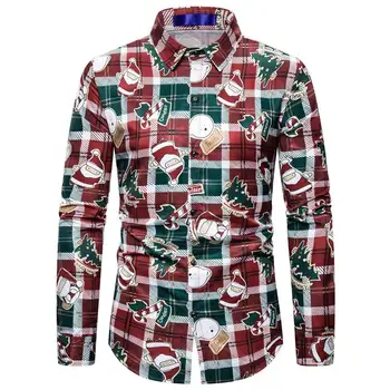 

Men's Shirts Christmas Style Plaid print Long sleeve Shirt Men Party Clothes Casual Blouse Man Red Navy