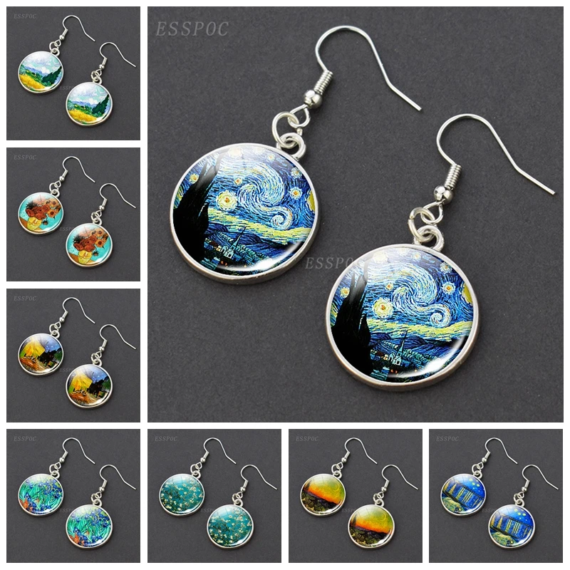 Van Gogh Oil Painting Art Round Earrings Starry Night Silver Color Stud Earring Women Girl Gift Glass Cabochon Jewelry Earings | Украшения