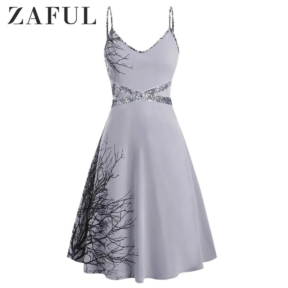 ROSEGAL Plus Size Tree Print Sequin Halloween Cami Dress Spaghetti Strap Tree Cami Dress Mid-Calf Sleeveless A-Line Casual Dress
