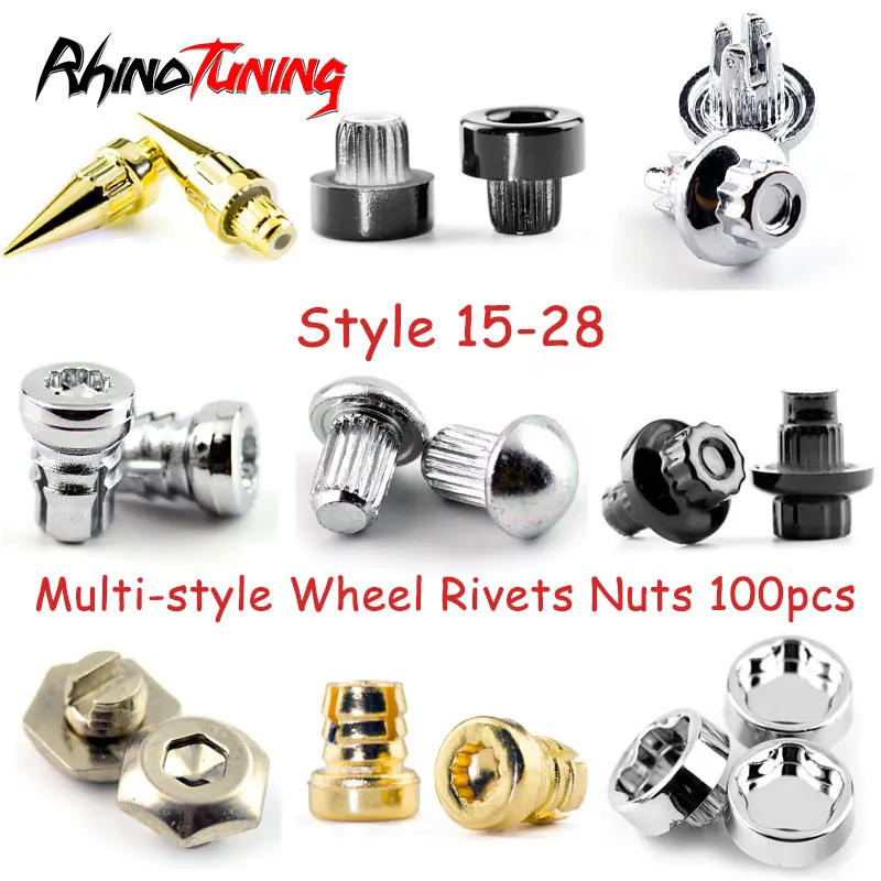 100pcs Universal Wheel Rivets Nuts Multiple Styles For Rim Cap Lip Screw Bolt Tires Decorative Car Replacement Car Accessories