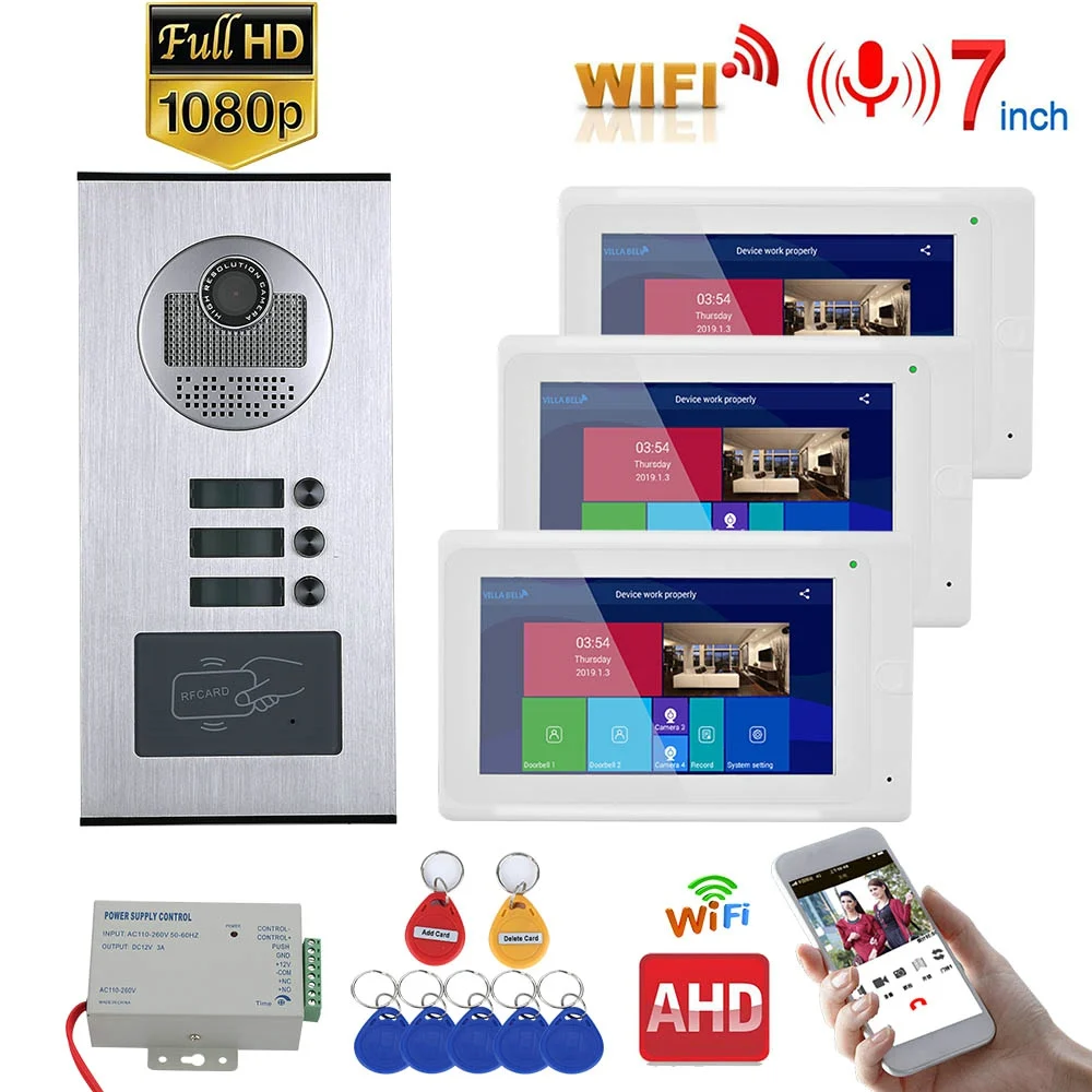 703WHIDP3 7 дюймовые часы с записью времени проводной беспроводной видеодомофон с 2/3/6 апартаменты с 2 Семья RFID домофона Системы IR-CUT HD 1080P дверной звонок Камера - Цвет: 703WHIDP3