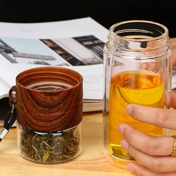

Double Wall Glass Water Bottle Tea Water Separation Glass Bottles Wood Grain With Hand Bag My Water Bottle-40