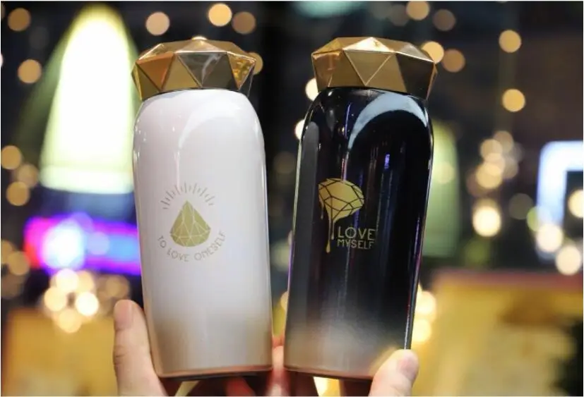HOT Sales Girls Woman Cute Water Bottle Gradient Color Insulation Cup Diamond Shaped Cup Lid Lovers Special Gift Couple Cup