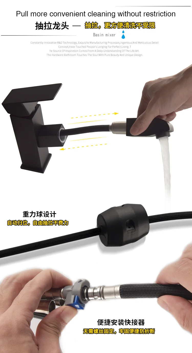 304 Stainless steel Black Square Pull Out Wash Basin Mixer Faucets Hot and Cold Water Bathroom Sink Faucet Tap