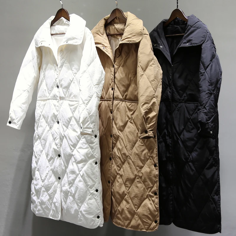 

Obrix New Style Long Light White Duck Down Female Jacket Quilted Solid Color Stand Collar Single Breasted Parka Jacket For Women