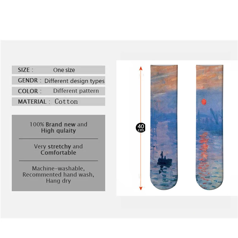 hiking socks women World Famous Oil Painting Socks For Unisex Starry Night Monet Mona Lisa Art Sock Retro Personality Comfortable Sokken For Female crew socks women