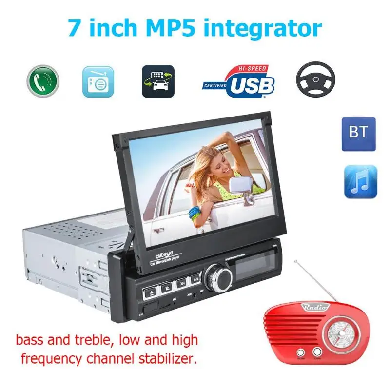 7110S 7 дюймов одиночный DIN Bluetooth стерео AUX USB TF карта FM радио приемник бас и высокие часы предварительно вспомогательная функция