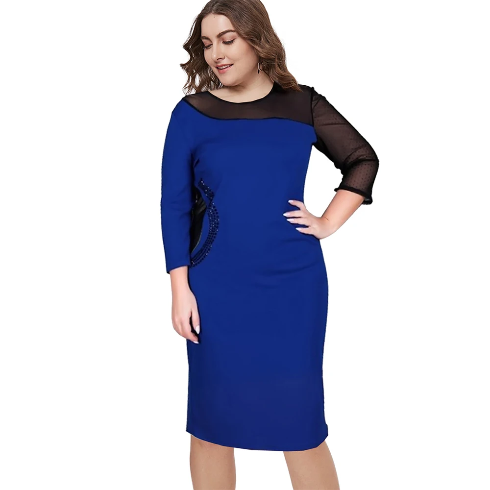 Wipalo, женское платье по колено размера плюс, горячее предложение, Сетчатое платье с вышивкой, облегающее платье, одноцветное, с круглым вырезом, повседневное, для работы, Vestidos