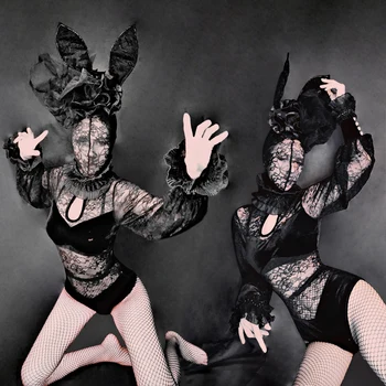 

Girl Bar DS Costumes New Sexy Black Lace Personality Hooded Gogo Collar Dance Clothes One-piece Stage Outfit Long sleeve