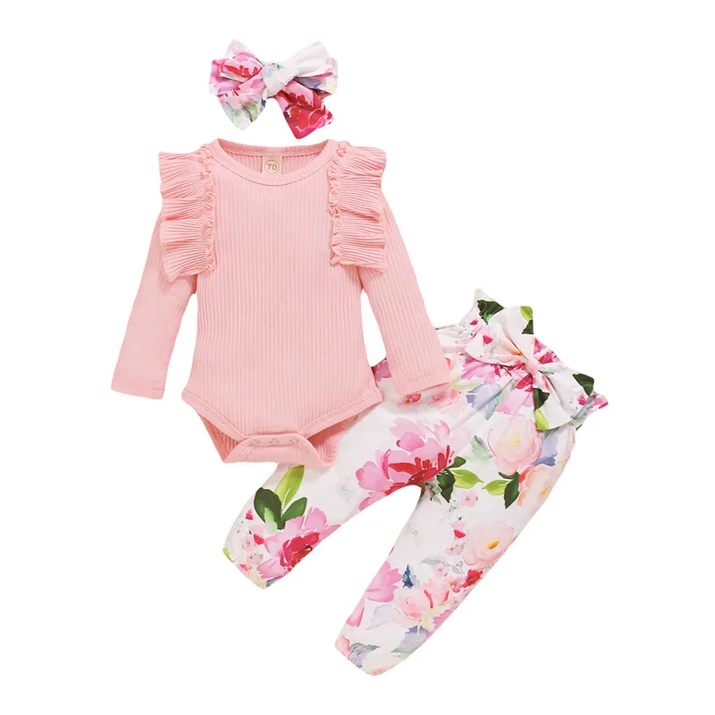 

Baby Set Kid Girl Solid Color Round Neck Long Sleeve Baby Romper+ Floral Print Trousers+ Headband 3PCS Child Girl Set