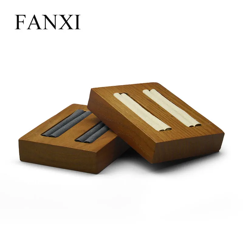 FANXI 2 шт. цельное деревянное кольцо браслет держатель для украшений держатель с бежевой/темно-серой микрофиброй 2 ряда Ювелирные изделия Органайзер витрина - Цвет: SM022