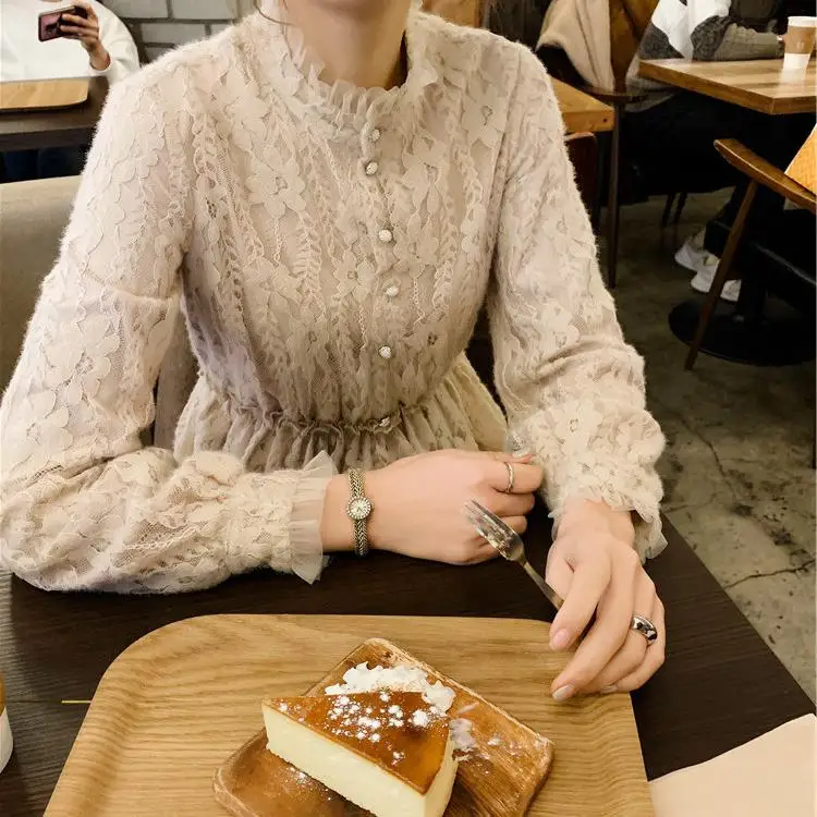 Heydress весеннее женское однотонное платье с пуговицами, Дамское элегантное платье с длинным рукавом, женское французское кружевное Повседневное платье с высокой талией - Цвет: as picture