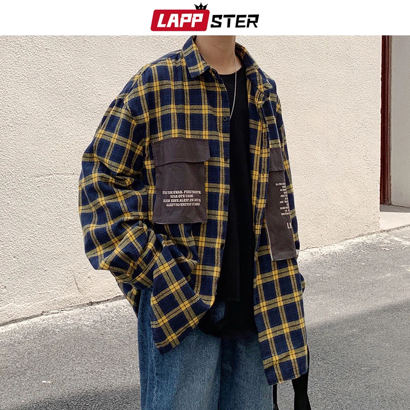 LAPPSTER Мужская Уличная Harajuku клетчатая рубашка карманы хип хоп мужские рубашки с длинным рукавом Пара Черная кнопка вверх негабаритная рубашка