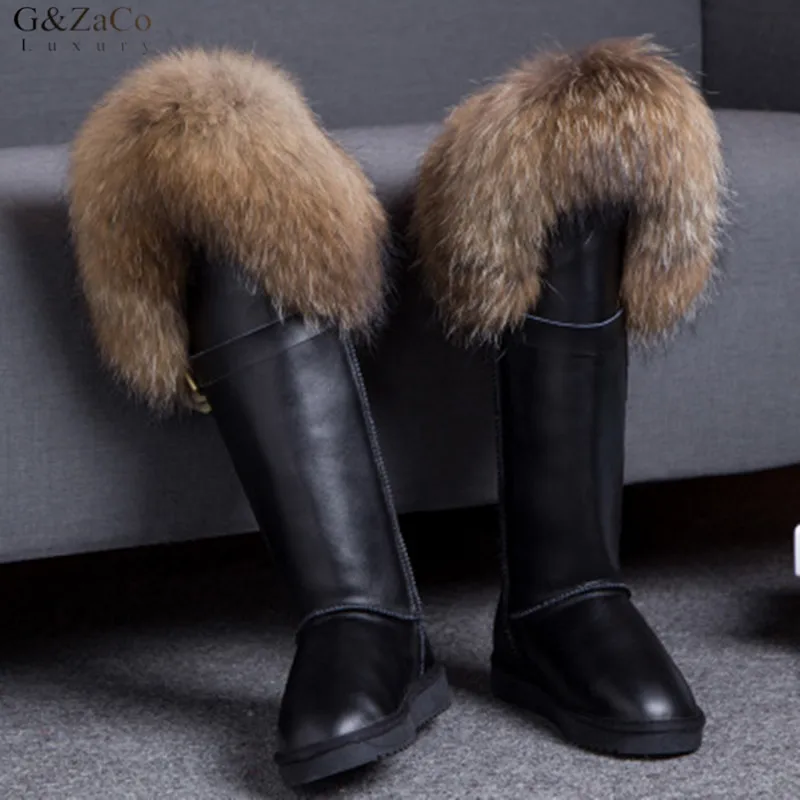 G & Zaco Роскошные зимние сапоги из натуральной кожи до колена с натуральным лисьим