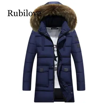 

Men Medium Long Hooded Jackets Coat Winter Thicken warm male Outerwear Parkas fur collar Demountable cotton-padded jacket