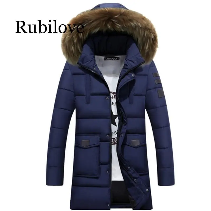 

Rubilove Men Medium Long Hooded Jackets Coat Winter Thicken warm male Outerwear Parkas fur collar Demountable cotton-padded jack