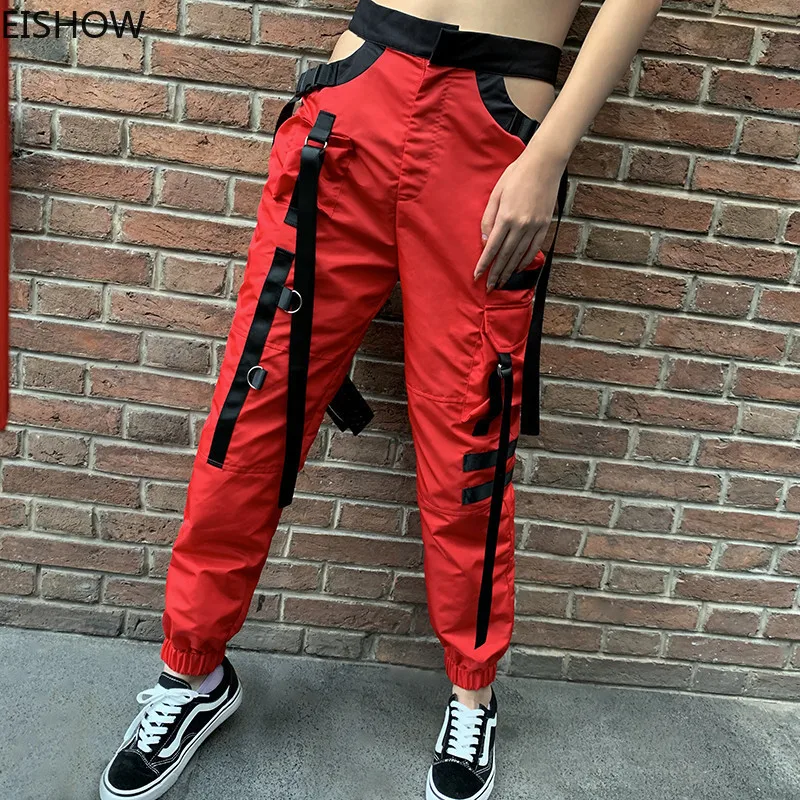 

EISHOW Women Sexy Patchwork High Waist Hollow Out Pants 2019 Red Pockets Button Fly Trousers Fashion Street Wear Club Clothes