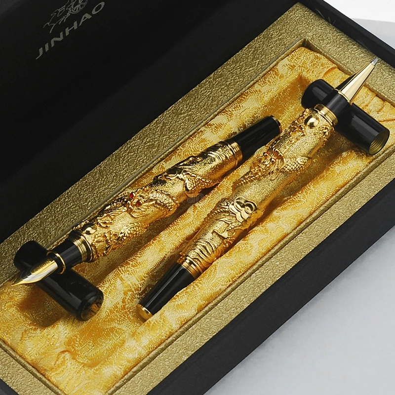 Jinhao High Grade Golden Color Fountain Pen, Roller Ball Pen Oriental Dragon Series Heavy Pen Iridium Fine Nib With Gift Box Set