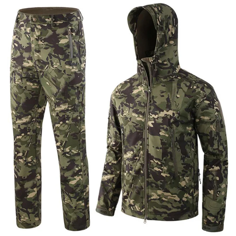 Military Camouflage Hiking Jackets Set Outdoor Waterproof Thermal Fleece Hunting Windbreaker Softshell Tactical Hunting Jacket