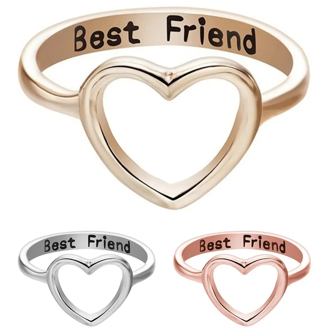 Chic Hollow Heart Ring For Ladies Girls Personalized Letters Best Friend Friendship Metal Ring Geometric Round Ring BFF Jewelry