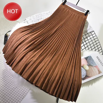 

r Women suede skirt 2020 High Waist casual Vintage Pleated skirt female Korean Skirt female elegant long Skirts Autumn Winte