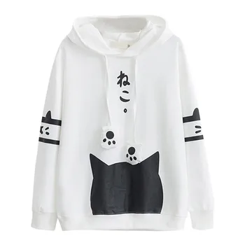 

Sweatshirts Women 2020 Casual Long Sleeve Kitty Cat Print Pocket Thin Hoodie Top Japanese Letter Japan Style Hoodie Hot #YL10