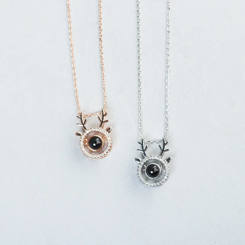 

S925 Fine Silver Elk Necklace Women's Projection One Hundred Language I Love You Memory Stone Girl'S Jewelry Gift