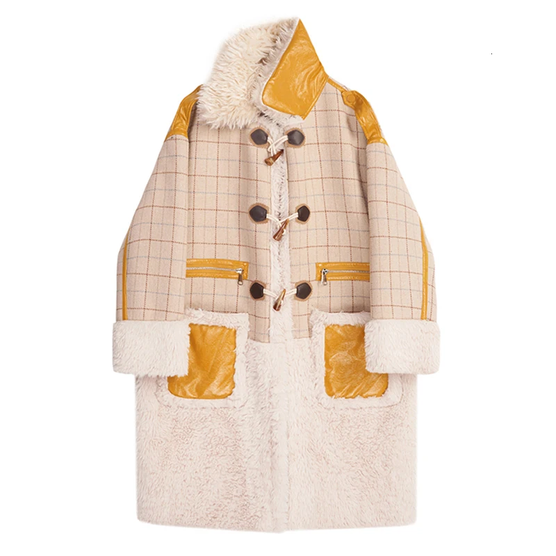 [EAM] Свободная куртка из овечьей шерсти в клетку большого размера, новая женская куртка с отворотом и длинным рукавом, модная осенняя и зимняя коллекция, 1K953 - Цвет: apricot