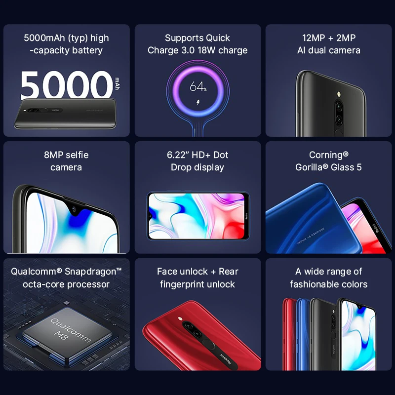Смартфон Xiaomi Redmi 8 с глобальной версией, 3 ГБ, 32 ГБ, 5000 мА/ч, большая батарея, 12 МП, настоящая камера, телефон, 6,22, точечный дисплей, 18 Вт