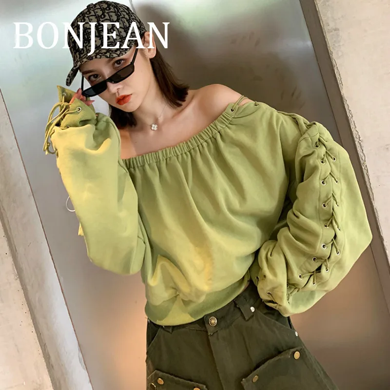 Bonjean Slash шеи рубашка для женщин Осенние Топы и Футболка фонарь рукав зеленая футболка открытые повседневные рубашки BJ1615
