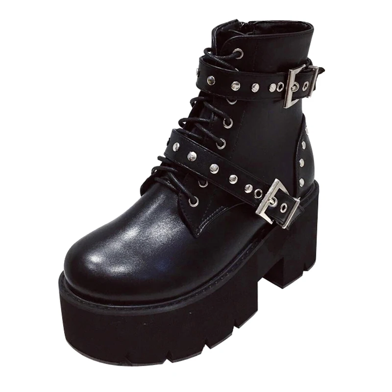 BYQDY/зимние ботинки в байкерском стиле; женские ботильоны на высоком толстом каблуке с заклепками и шнуровкой; Удобные полусапожки из искусственной кожи с круглым носком - Цвет: Black