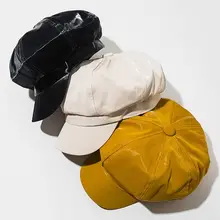 Осенне-зимний женский берет, британская винтажная одноцветная Кепка из искусственной кожи, газетчик, живописный козырек, восьмиугольная кепка