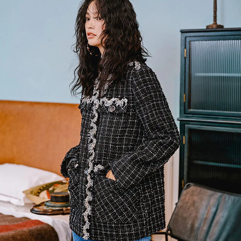 LANMREM Ladies Jacket Autumn And Winter New Original V-neck Tweed Plaid Single-breasted Long-sleeved Coat 19F-a572
